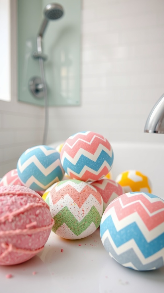 Colorful chevron print bath bombs in a bathtub setting