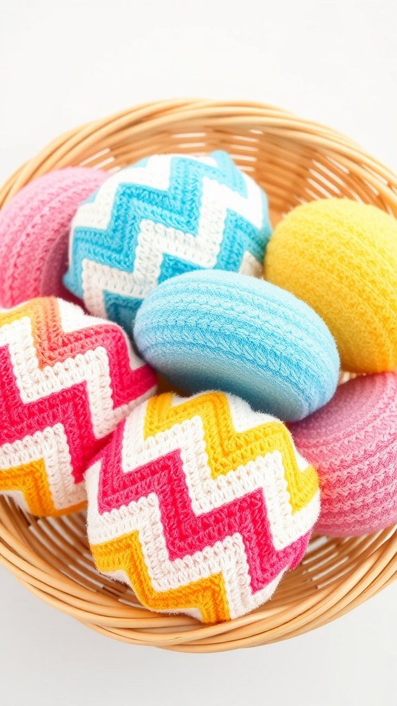 A colorful assortment of chevron print bath sponges arranged in a wicker basket.