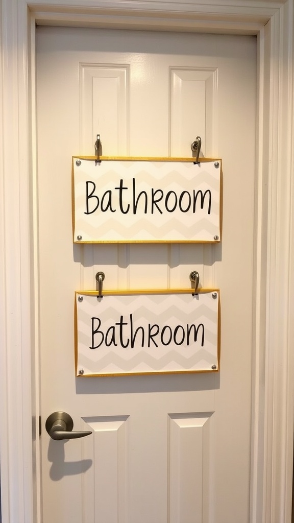 Two chevron print bathroom signs hanging on a door, labeled 'Bathroom'