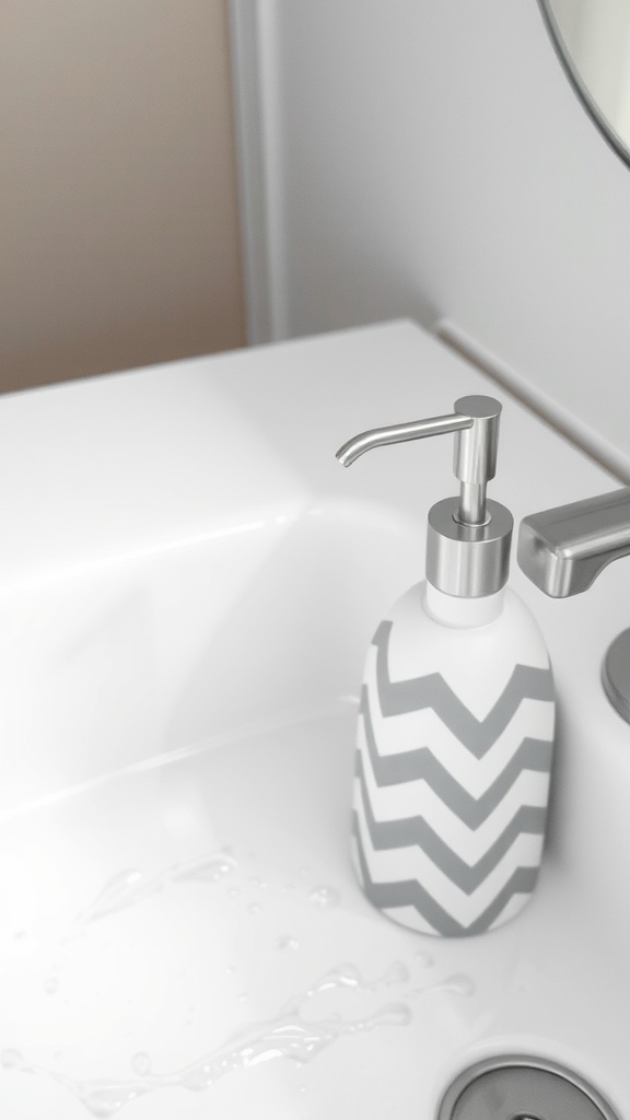 A gray and white chevron soap dispenser on a sink