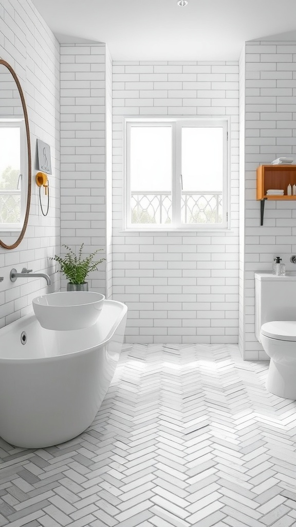 A modern bathroom featuring a chevron tiled floor, a freestanding bathtub, and minimalist decor.