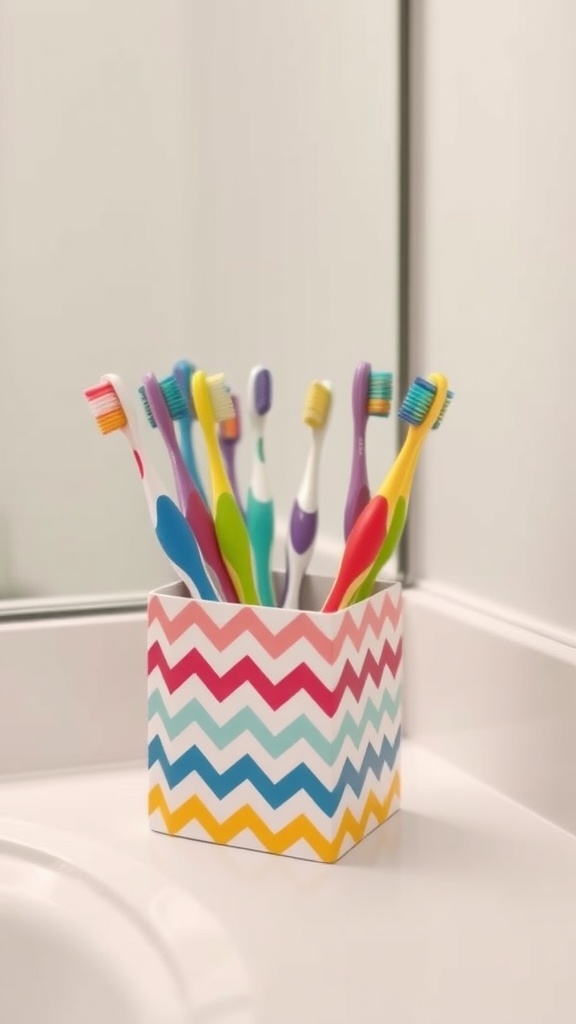 Colorful chevron toothbrush holder filled with multiple toothbrushes.