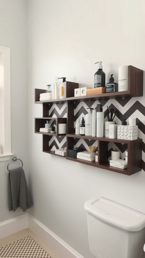 Stylish chevron wall storage solution in a bathroom showcasing organized bathroom accessories