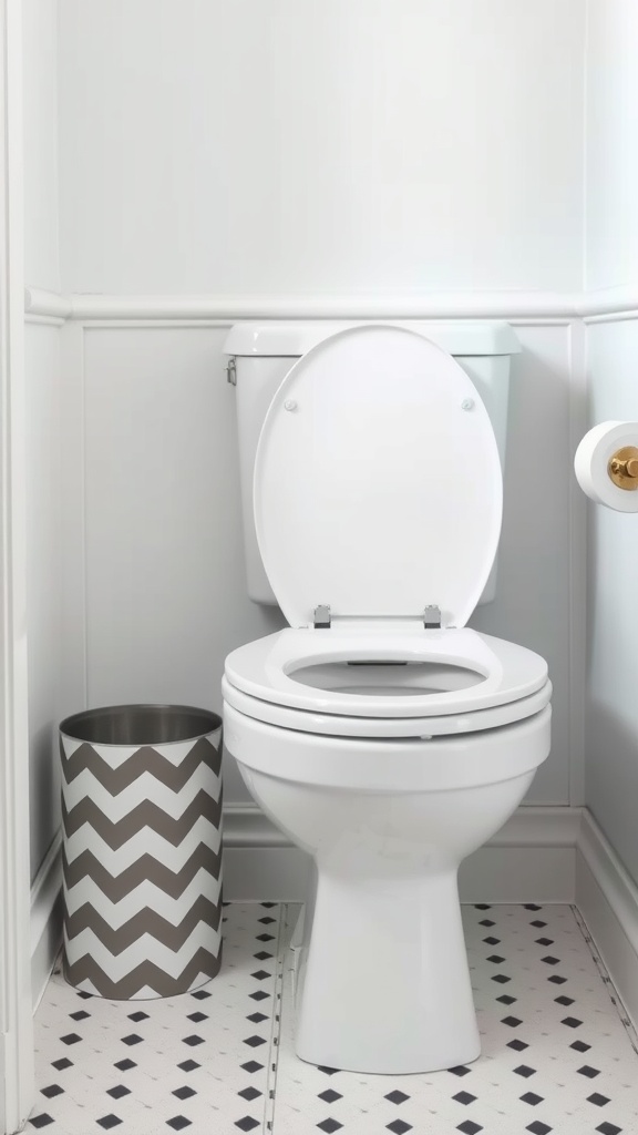 A chevron patterned waste bin next to a toilet in a clean bathroom setting.