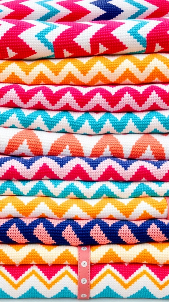 Stack of decorative chevron towels in vibrant colors and patterns