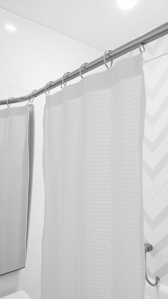 Modern chevron pattern shower hooks on a metal rod with a white shower curtain.