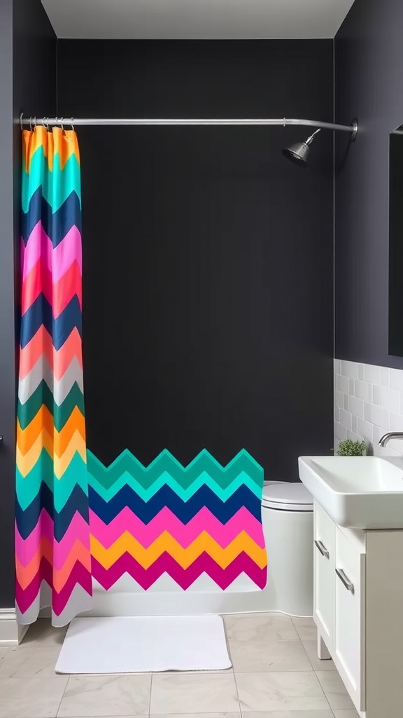 Colorful chevron shower curtain in a stylish bathroom setting