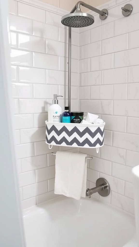Chevron patterned shower caddy hanging in a bathroom with toiletries