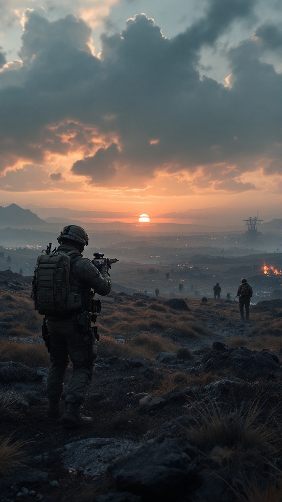 A soldier stands in a rugged terrain during sunset, preparing for action.