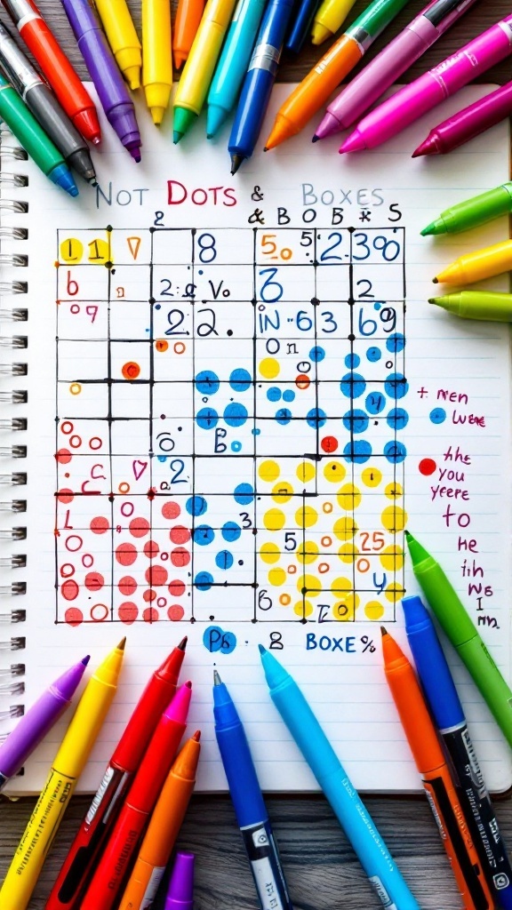 A colorful representation of the Dots and Boxes game on paper with various markers around.