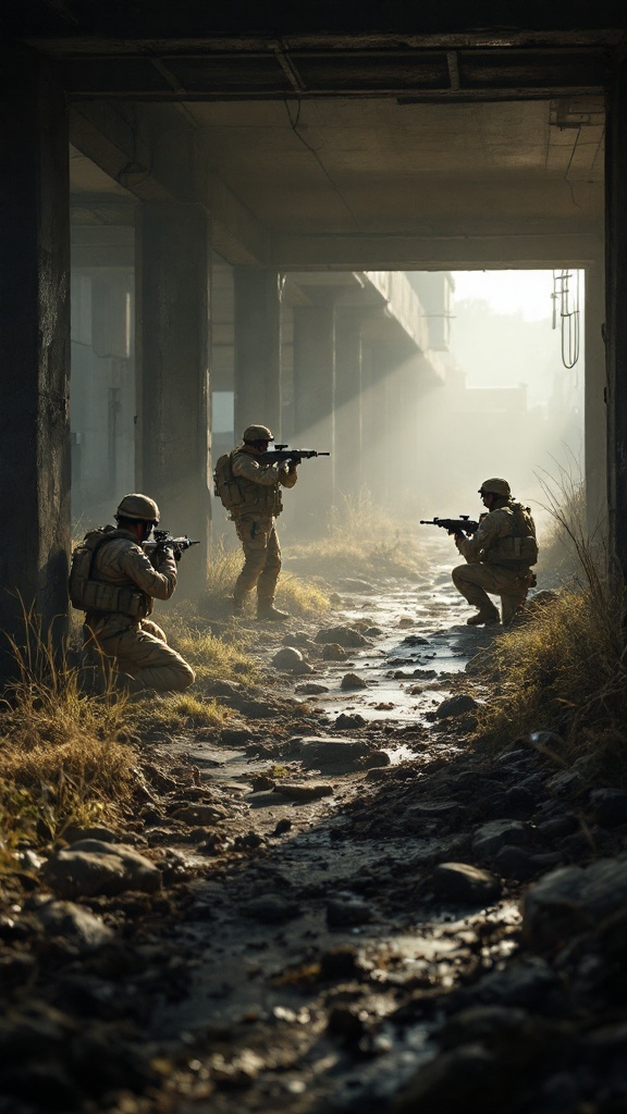 Soldiers in tactical gear navigating an urban environment