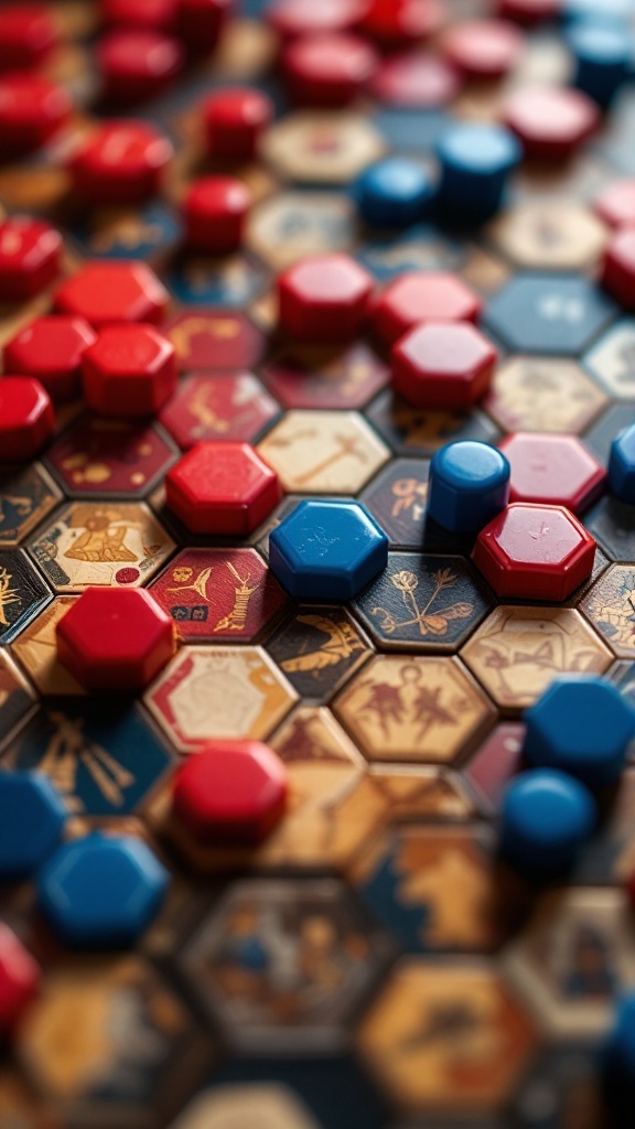 A close-up view of a Hex board with red and blue pieces arranged on a hexagonal grid, showcasing a strategic game in progress.