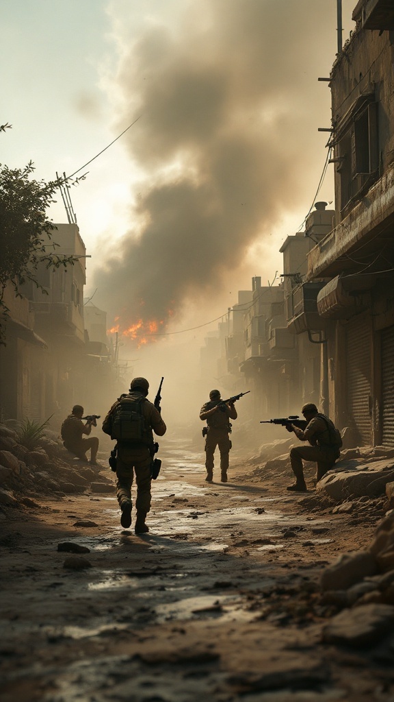 A group of soldiers in a smoke-filled urban battlefield, preparing for combat.