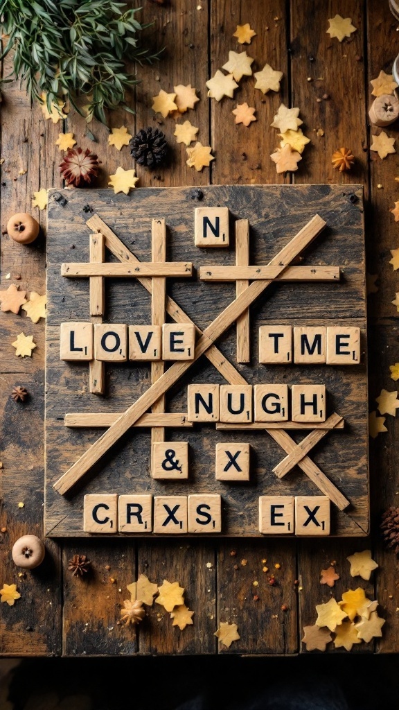 A wooden board with a creative arrangement of letters and symbols related to Noughts and Crosses, surrounded by autumn-themed decorations.