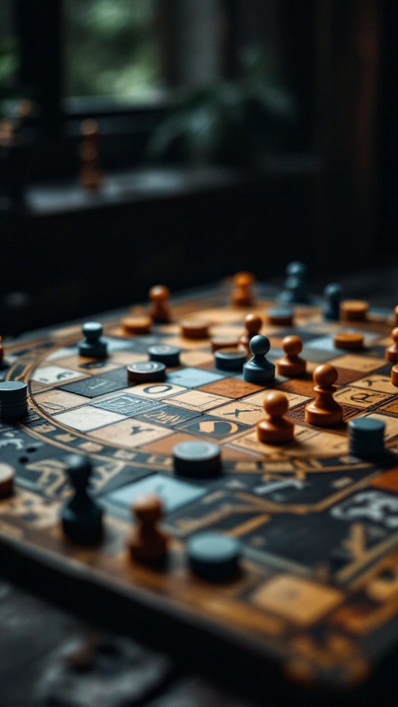 A close-up of a Pente game board with colorful pieces in play