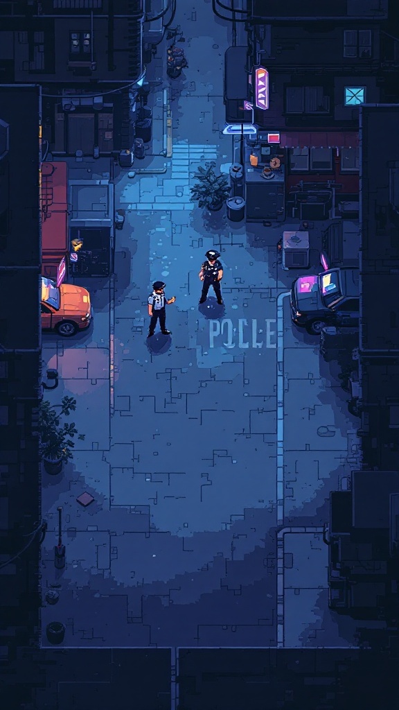 Two police officers in a neon-lit urban setting, engaged in tactical gameplay.