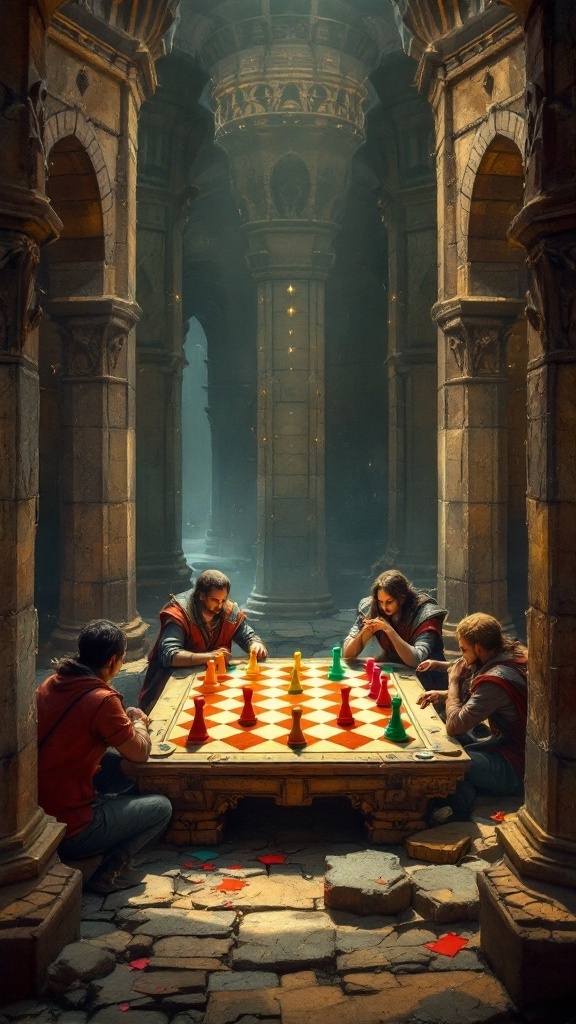 Players engaged in a tactical board game surrounded by ancient architecture