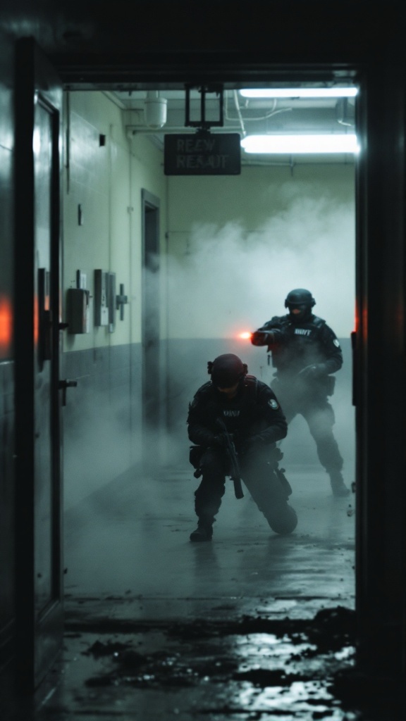 Two tactical operatives in a smoke-filled corridor, emphasizing the high-stakes atmosphere of tactical gameplay.