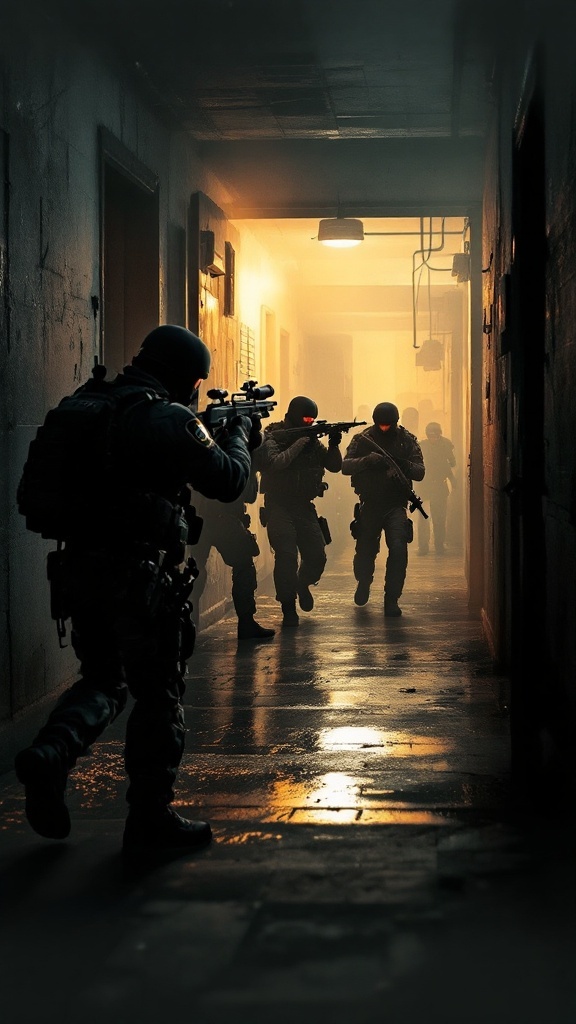 A group of SWAT officers moving through a dimly lit hallway.