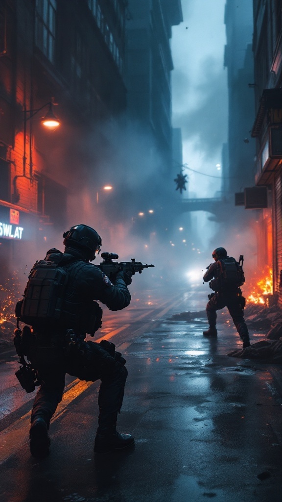 Two SWAT officers in tactical gear navigating a smoky urban environment