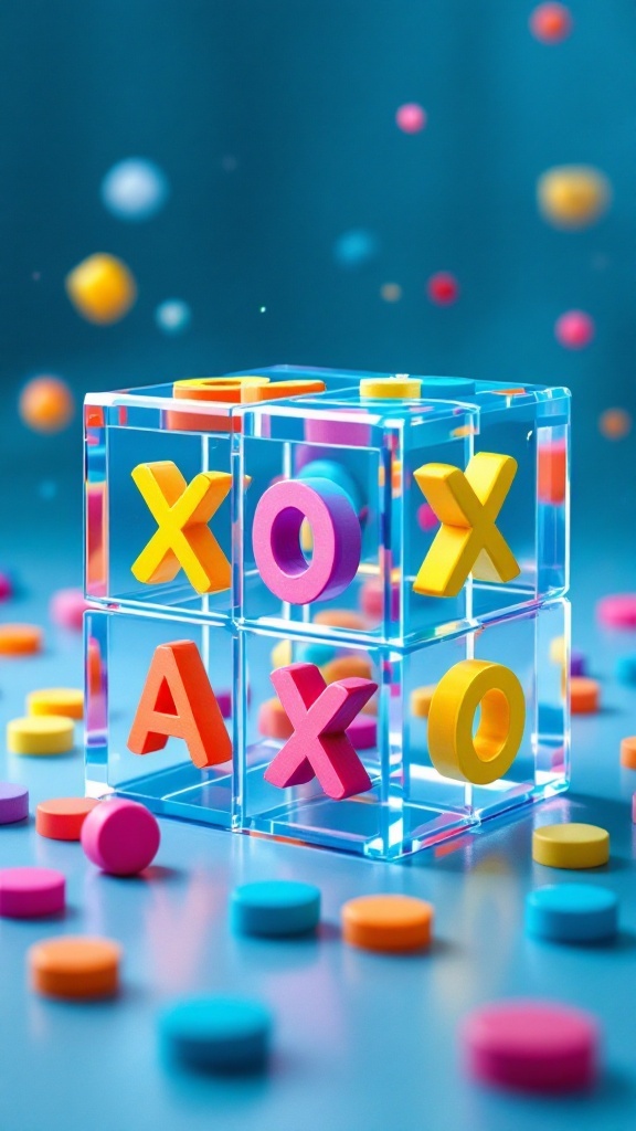 Colorful three-dimensional tic tac toe game with X and O pieces