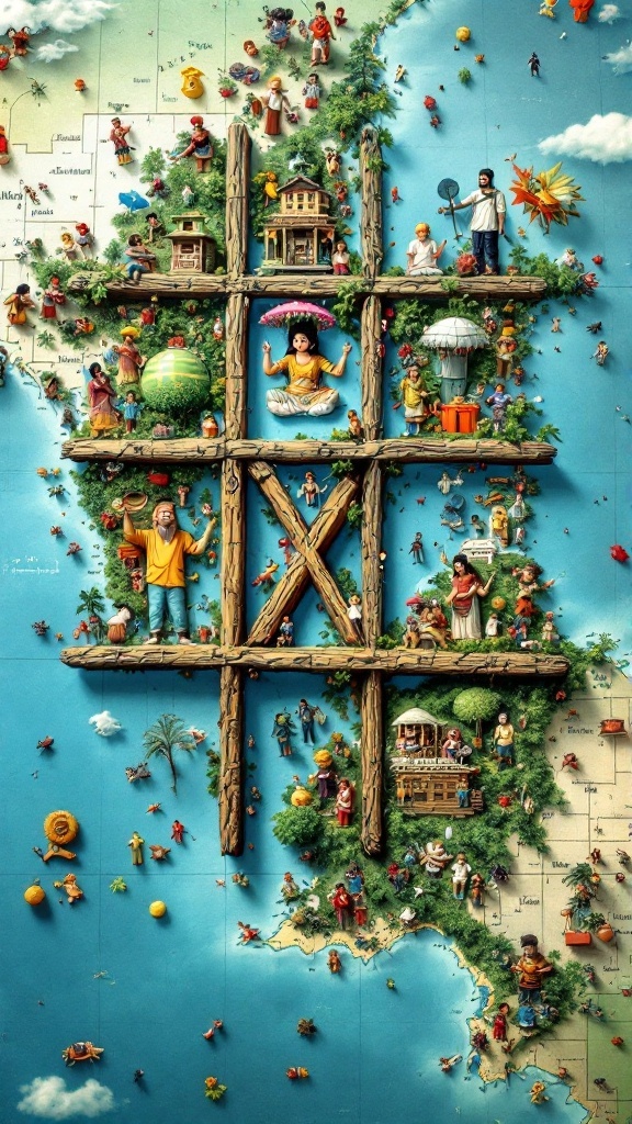 A creative depiction of a tic tac toe board integrated with cultural elements, featuring miniature figures and a colorful map.