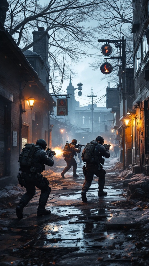 Operators in tactical gear engaging in a breach in an urban environment.