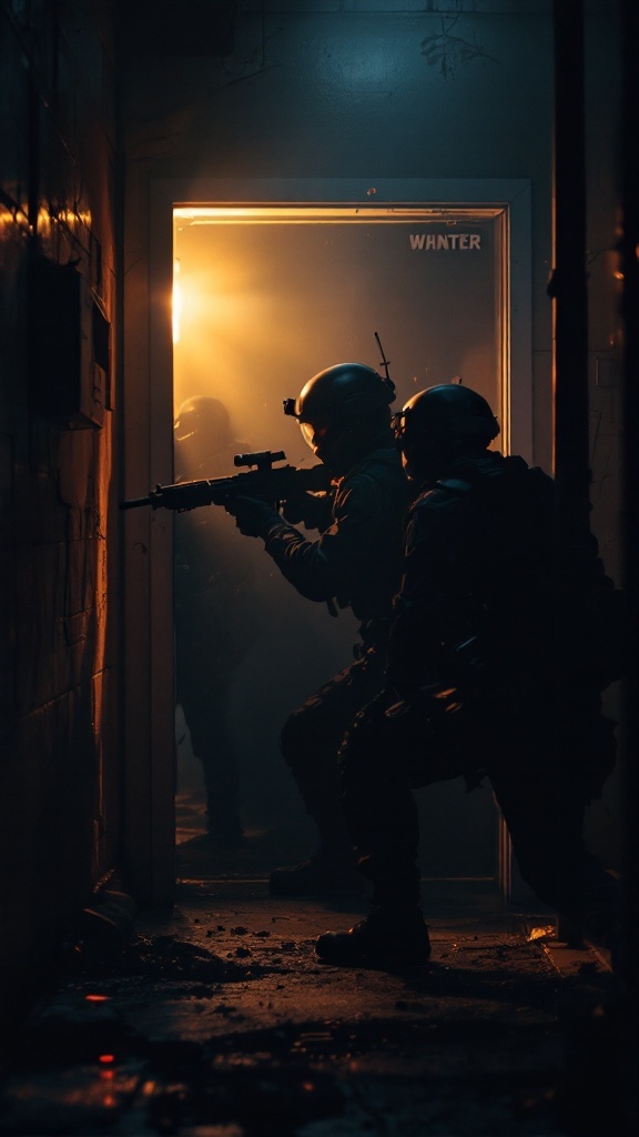 A group of armed operators poised to breach a room in a tactical scenario