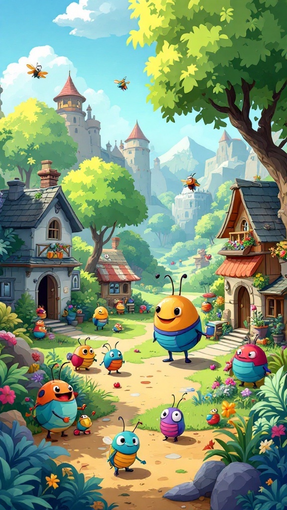 A colorful village scene featuring cartoonish bugs in a lush environment with houses and trees.