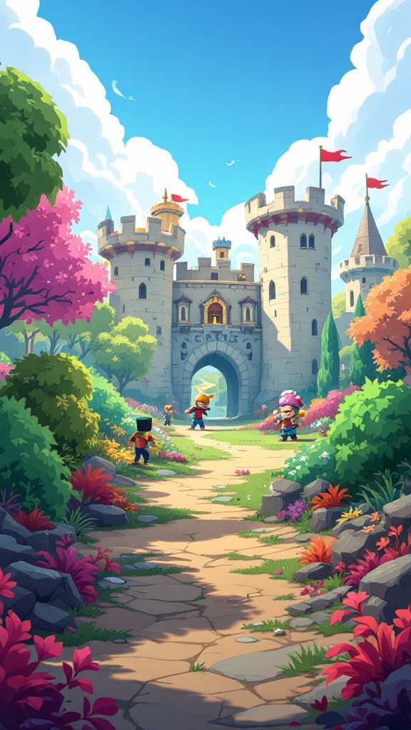 A colorful, animated scene featuring a castle surrounded by trees and flowers, with characters walking along a path.