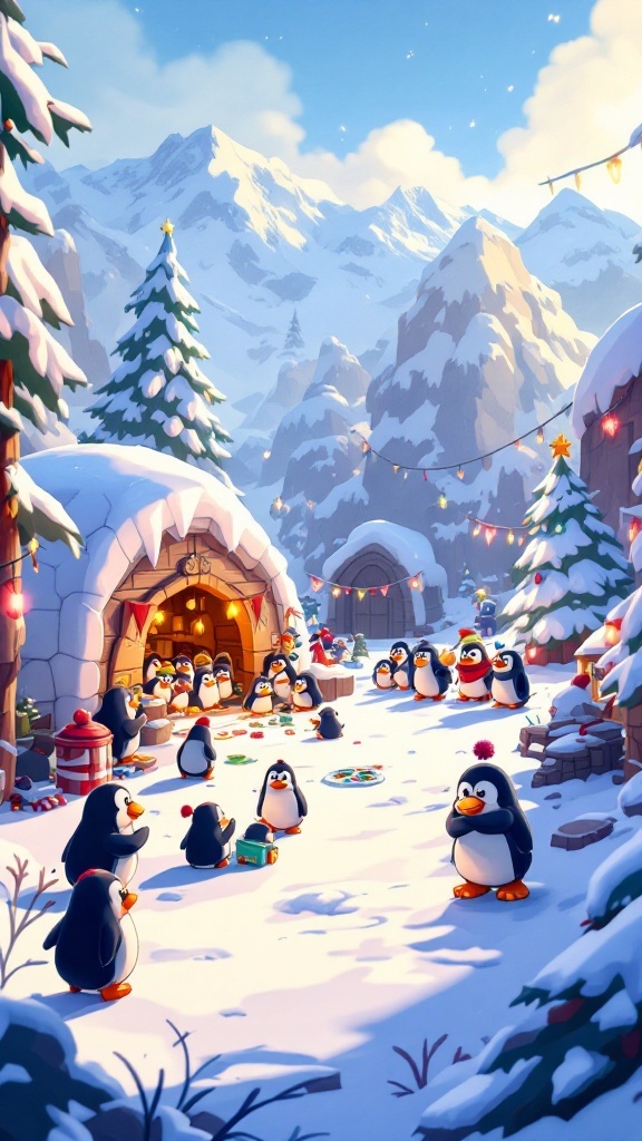 A snowy village filled with penguins celebrating in Club Penguin Rewritten.