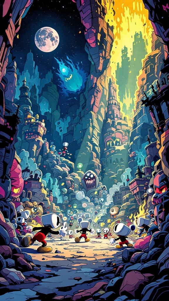 A vibrant scene from Cuphead with characters resembling cups facing various enemies in a colorful, chaotic landscape.