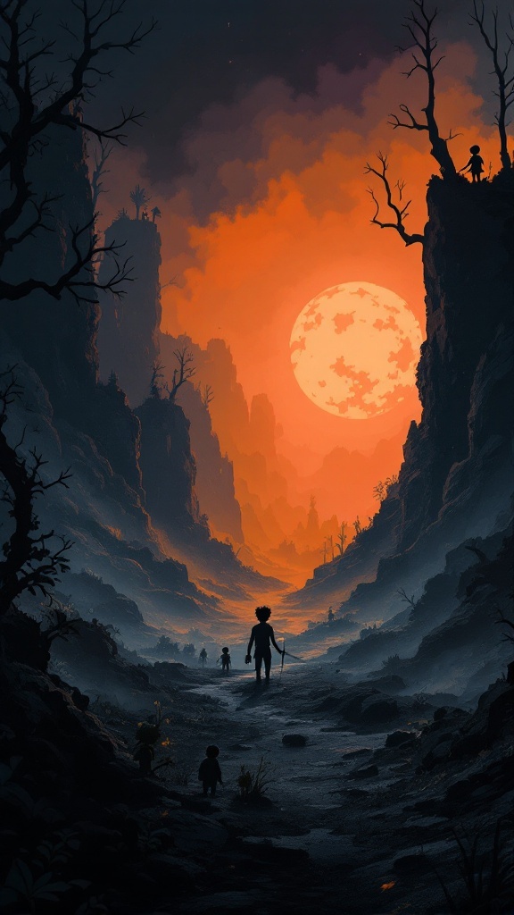A silhouetted scene in a dark landscape with two figures walking towards a large moon, suggesting adventure and survival.