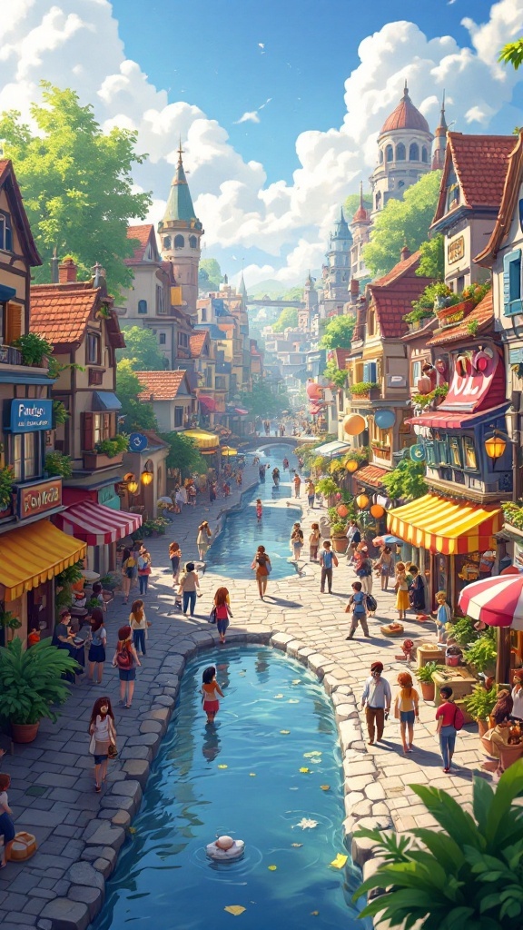 A busy street scene in a colorful town with shops and a canal, showcasing a lively atmosphere.