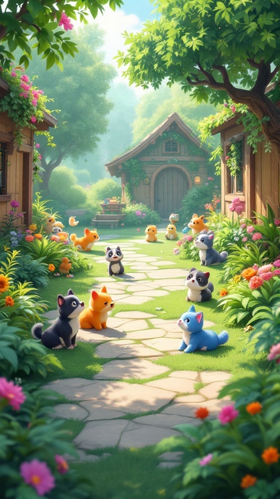 A vibrant garden pathway surrounded by cute animals and colorful flowers.