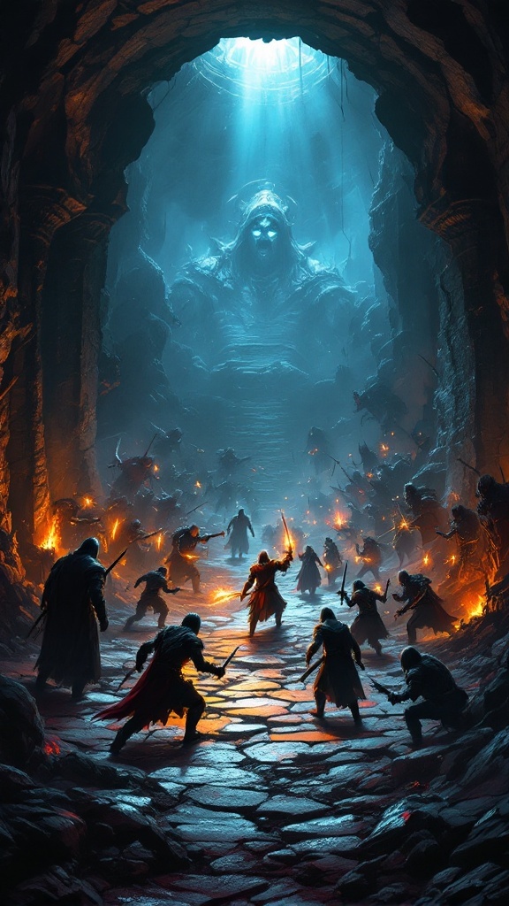 A dramatic scene depicting heroes battling in a dark cavern, illuminated by eerie lights.