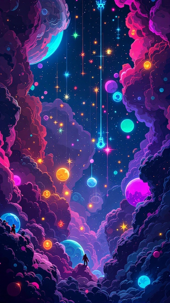 A colorful and whimsical depiction of a cosmic scene filled with planets, stars, and clouds, symbolizing adventure and teamwork.