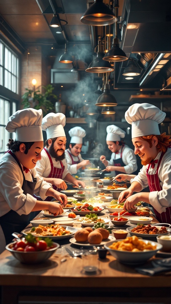 Chefs in a busy kitchen working together to prepare meals.