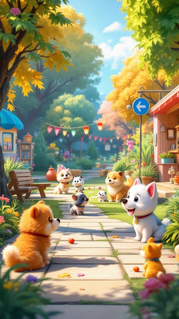 A colorful park scene with various cartoon pets playing and interacting in a sunny setting.