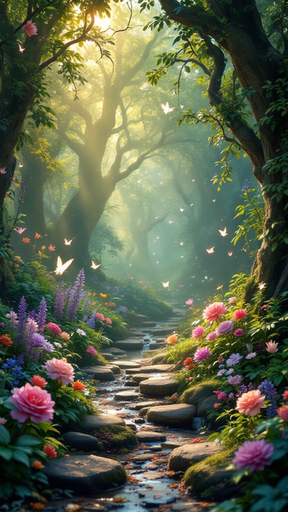 A serene forest path filled with colorful flowers and butterflies, depicting a magical environment.