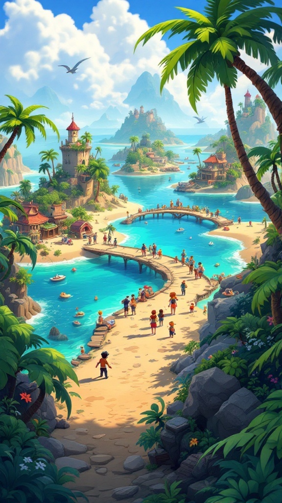 A colorful beach scene in a game setting, featuring children playing along the shore and in the water, surrounded by palm trees and islands.