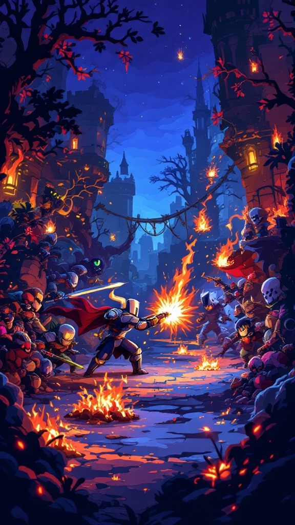 A colorful illustration of Shovel Knight in a battle setting, surrounded by various enemies amidst a fiery environment.
