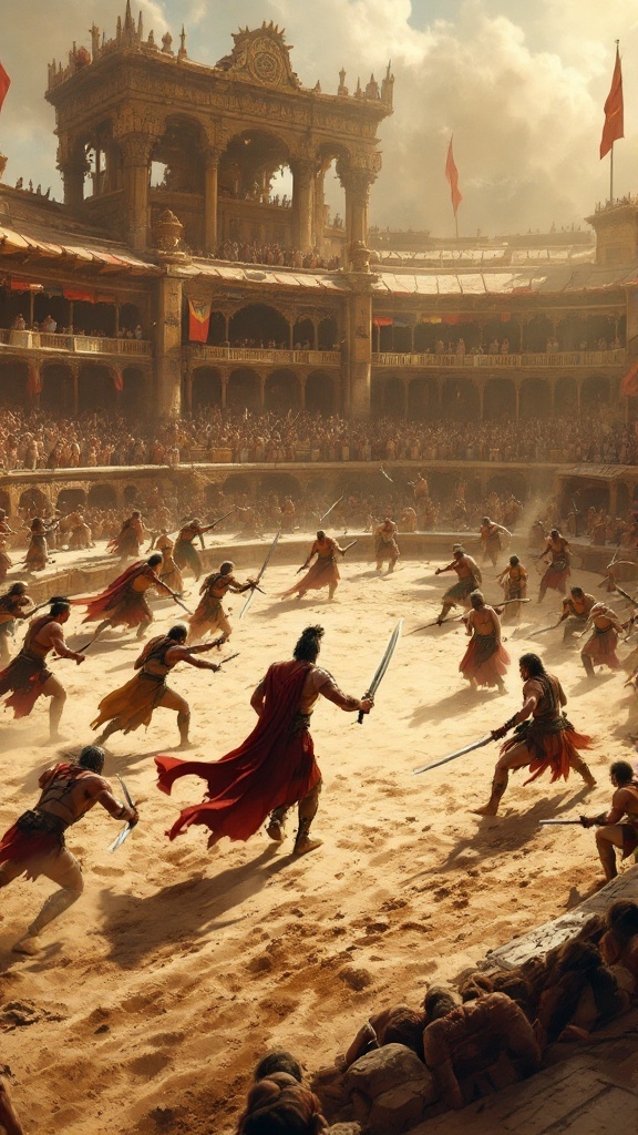 A vibrant gladiator arena filled with warriors in combat, showcasing an intense battle atmosphere.