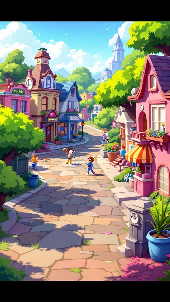 A colorful town street from Toontown Rewritten, featuring cartoon characters and vibrant buildings.