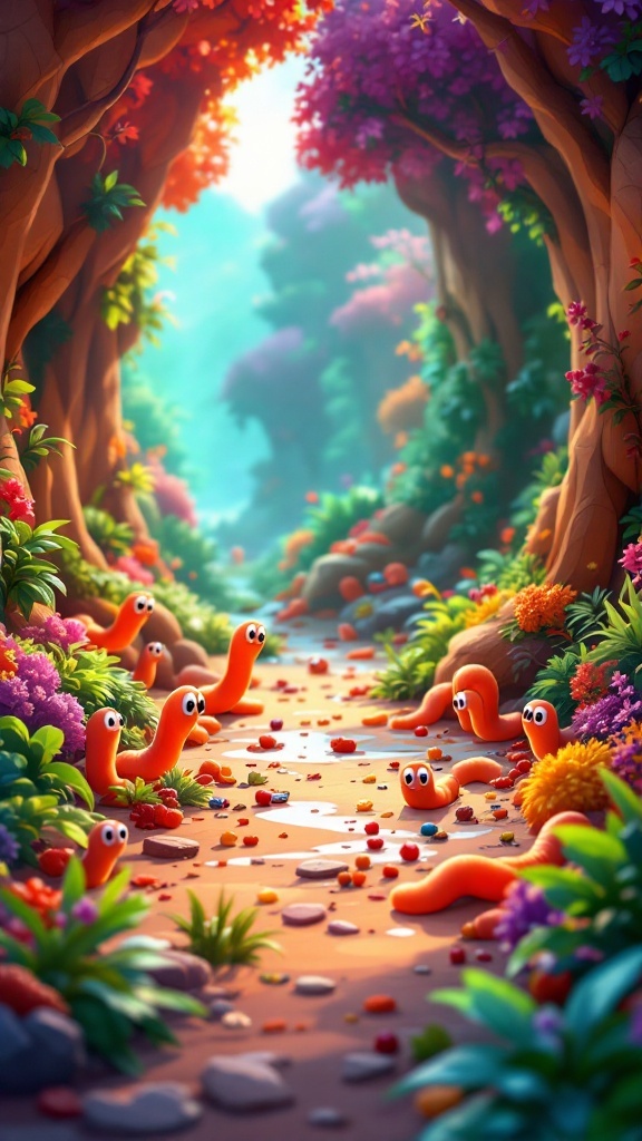 A vibrant forest path filled with colorful worms and snacks, resembling the game WormsZone.io.