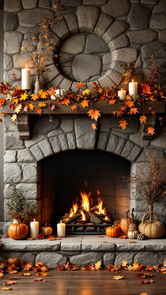 A stone fireplace adorned with autumn decor, including pumpkins, candles, and colorful leaves.