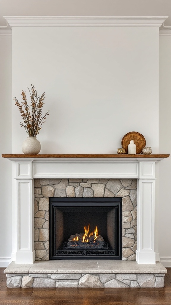 A stone fireplace with a wooden mantel, featuring a vase and candles on top.