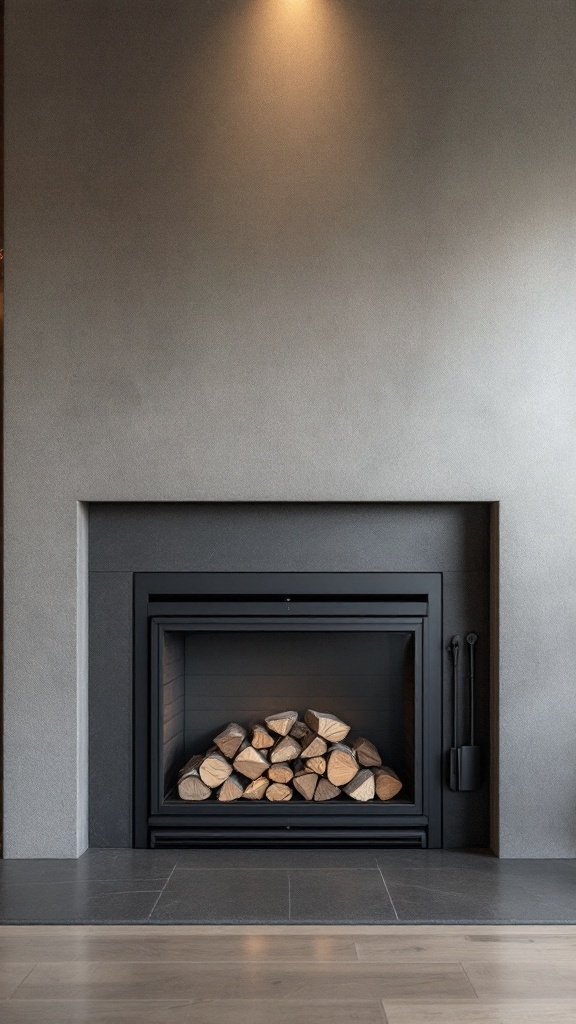 A modern fireplace with stacked firewood and a sleek black frame.