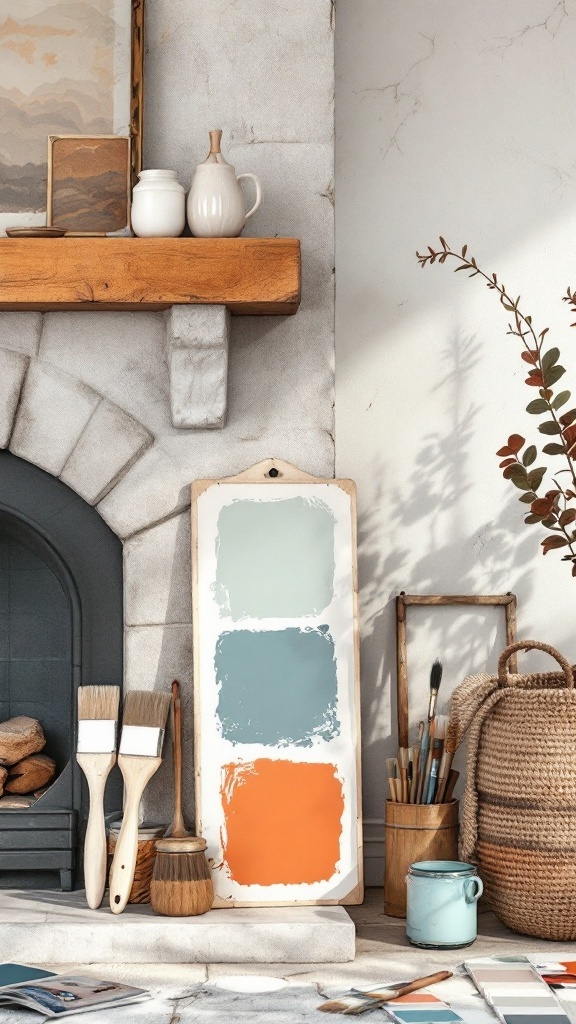 Three paint color swatches next to a stone fireplace with paintbrushes and decor items