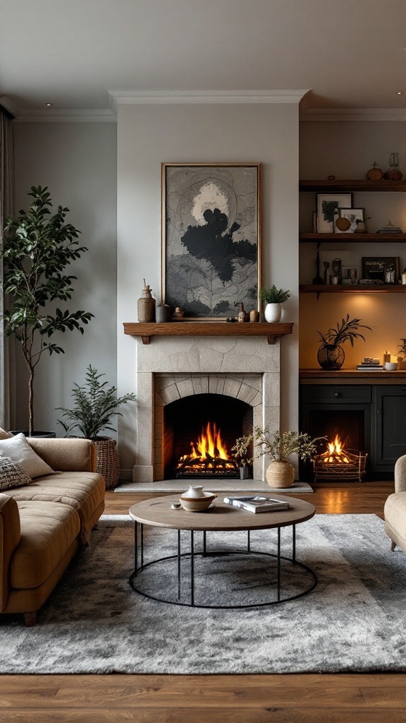 A cozy living room featuring a modern fireplace with a stone mantel, surrounded by stylish furniture and decor.